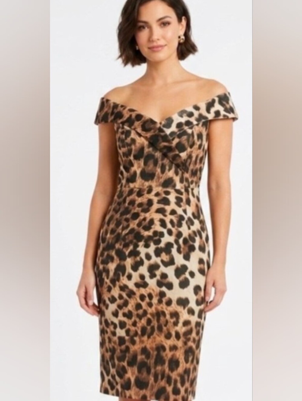 Leopard Off-Shoulder Sheath Dress - Brown Leopard Print Velvet Material